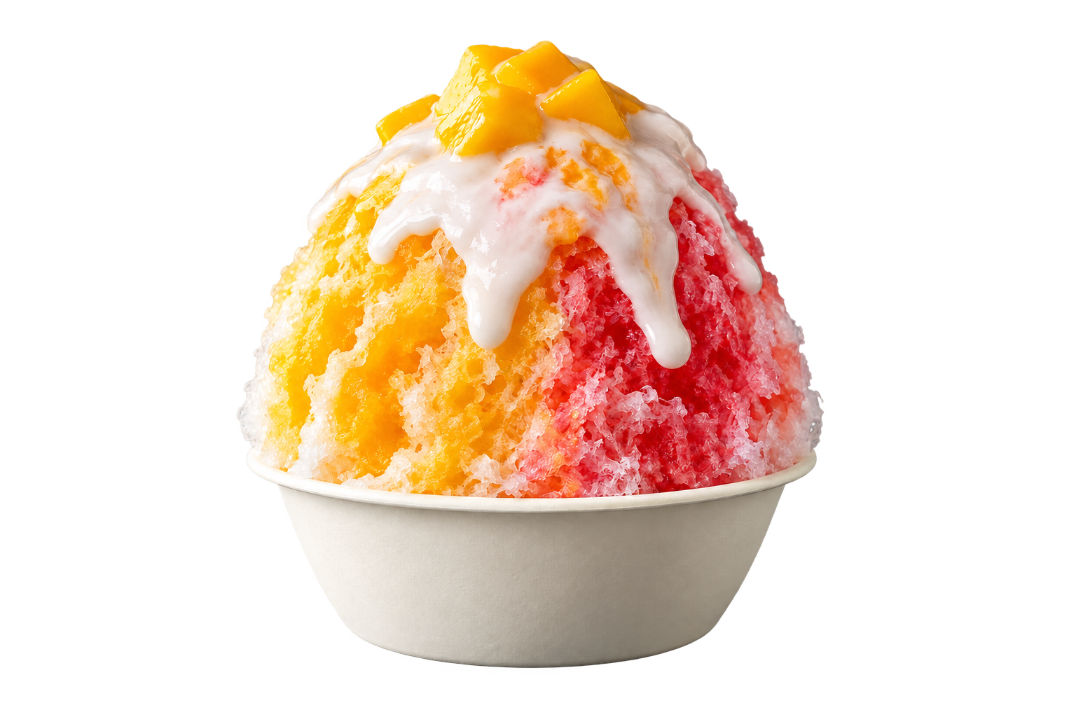 Fluffy mango and strawberry shave ice with a glossy coconut cream crown in a cream bowl with the SNO SWELL logo